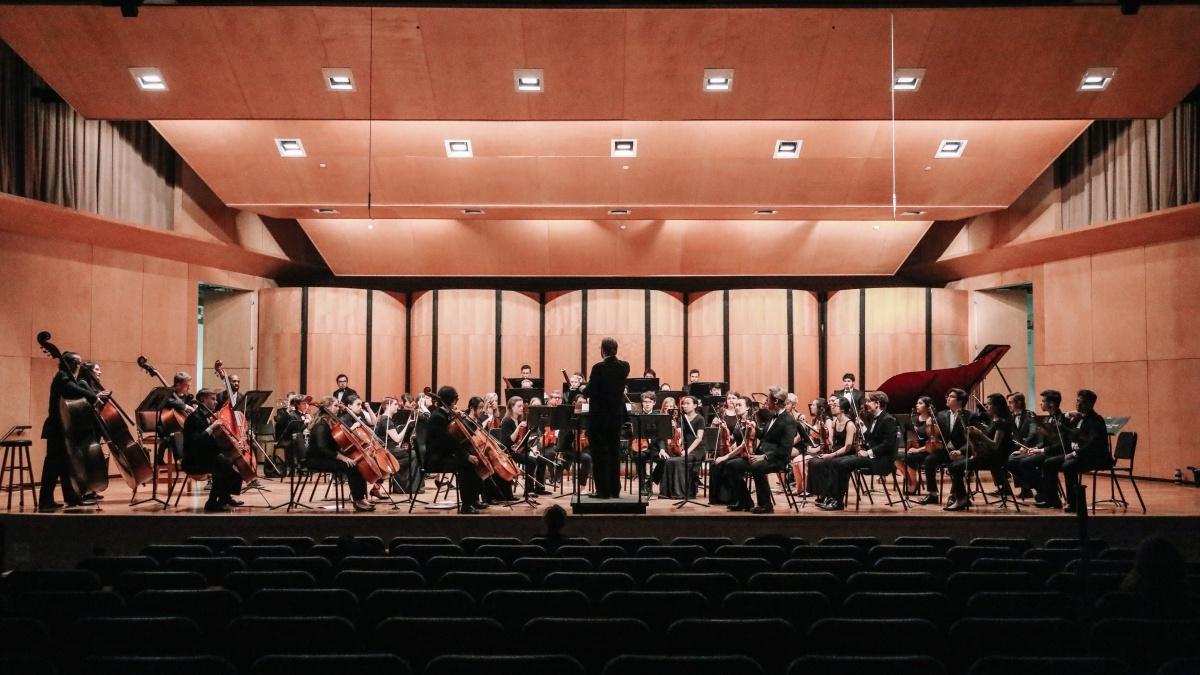a panoramic view of the Trinity Symphony Orchestra in the Ruth Taylor Recital Hall
